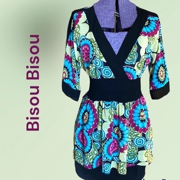 𝅺bisou Bisou Colorful 1990s V Neck Tunic Surplice Blouse Medium - Picture 1 of 8